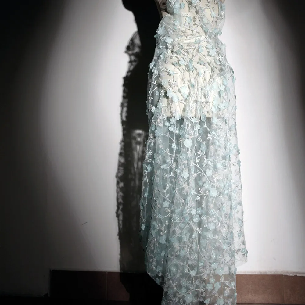 Plum Blossom Lake Blue Tulle Floral Fabric DIY Dress Gown Clothing Designer