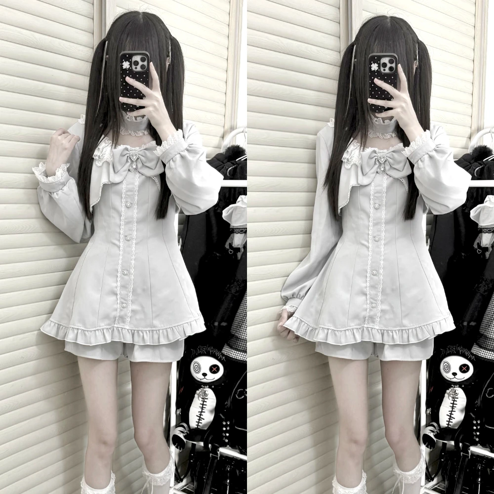 Japanese Style Mass-Produced Lace Square Collar Long Sleeve Ruffles Short Dress Top High Waist Shorts Two-Piece Set for Women