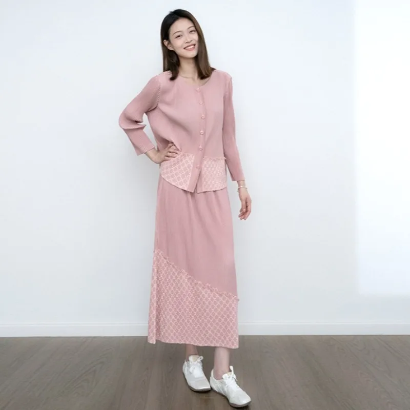 

Miyake плиссированный женский топ, осень 2022, новый модный тонкий кардиган в отпускном стиле, женский повседневный комплект плиссированной полуюбки