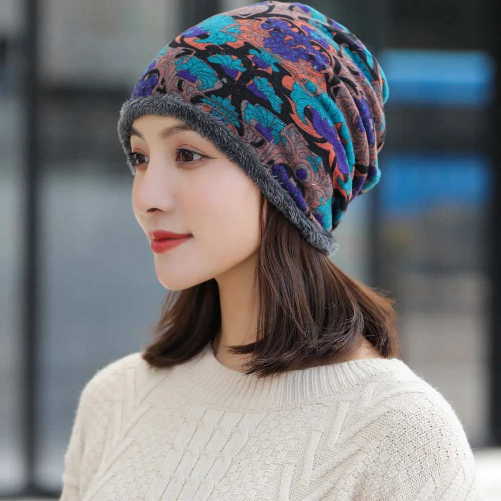 

Korean Soft Print Flower Warmer Multifunctional Soft Women Hat Beanie Velvet Bonnet Bib Hats