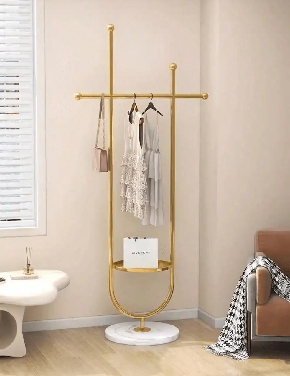 Clothing Rack, Golden Metal Freestanding Heavy Duty Clothes Rack With Marble Base, Multipurpose Garment Hanger For Bedroom, Hat, Scarf, Jacket