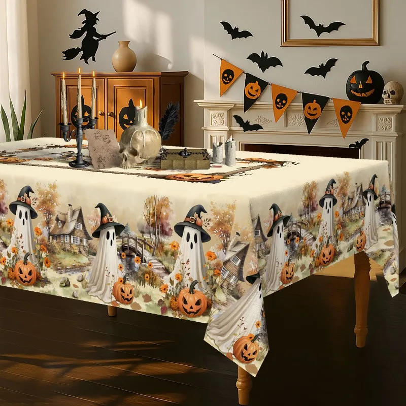 1 piece of vintage Halloween tablecloth - Autumn haunted house and pumpkin design, polyester, machine washablezyc
