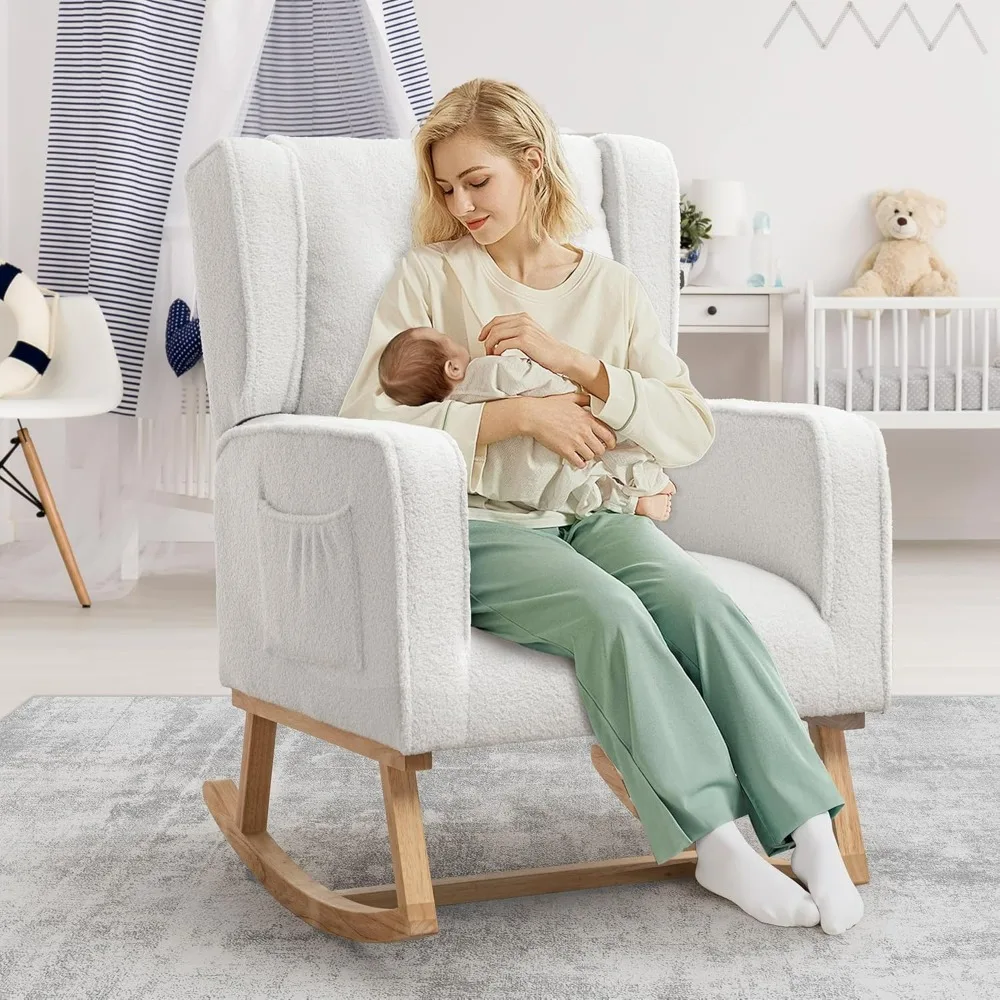 

Nursery Rocking Chair, Rocking Chair With Side Pocket For Nursery, Upholstered High Bakcrest Rocker For Living Room, Bedroom (Te