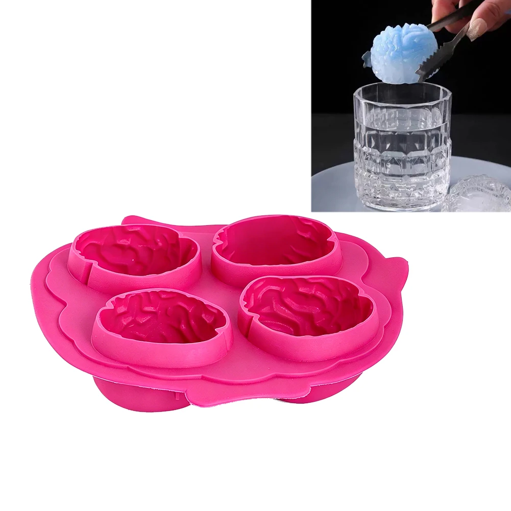 4-Cavity 3D Brain Silicone Ice Cube Tray Flexible Whiskey Ice Ball Maker Halloween Chocolate Cake Mold Zombie Party Decor