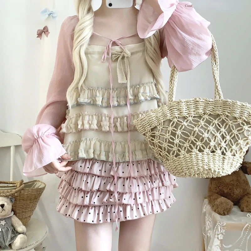 Sweet Lolita Style Skirts Sets Woman Japanese Kawaii Ruffles Bow Vest Tops Cute Mini Cake Skirts Korean Fashion Gothic Y2k Suit