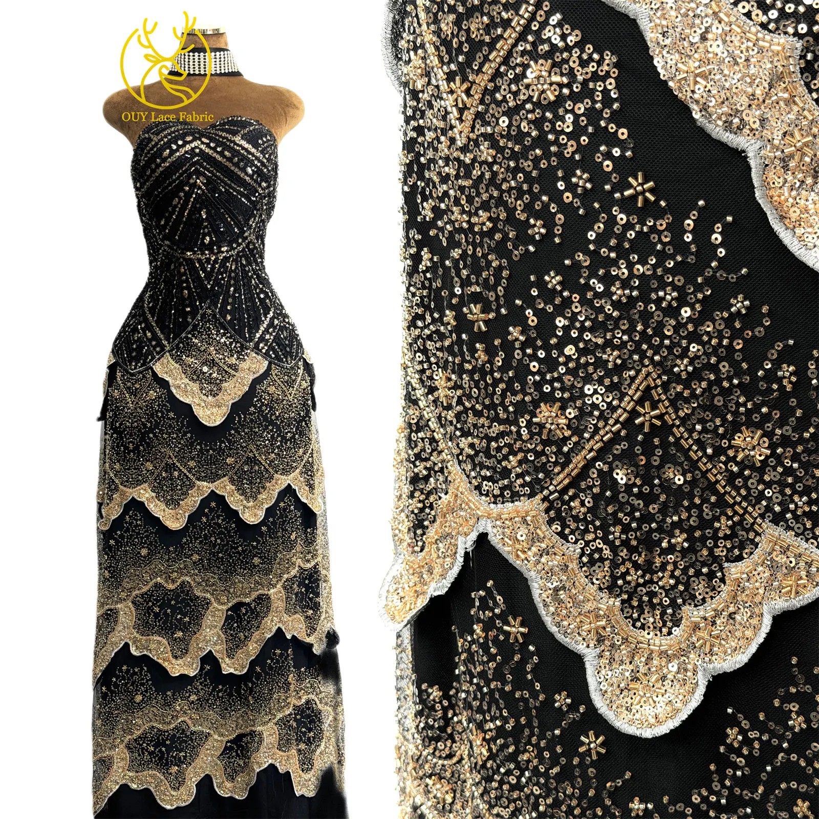Goldene luxuriöse nigerianische 3D handgefertigte DIY-Stickerei-Spitze, afrikanische Perlen-Pailletten-Spitze für Damen, Hochzeitskleid, Partykleid, zum Nähen – Detail 8