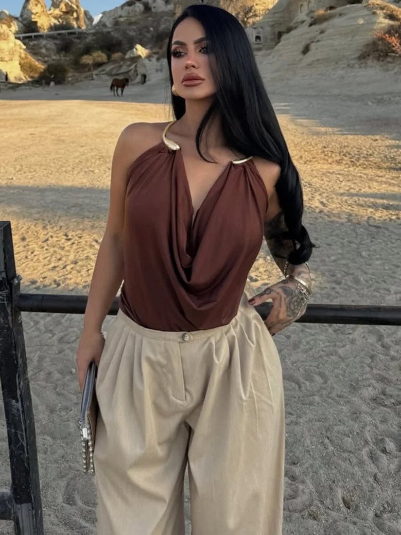New women's clothing - metallic collarless gathered-neck sheer backless solid-color tank top