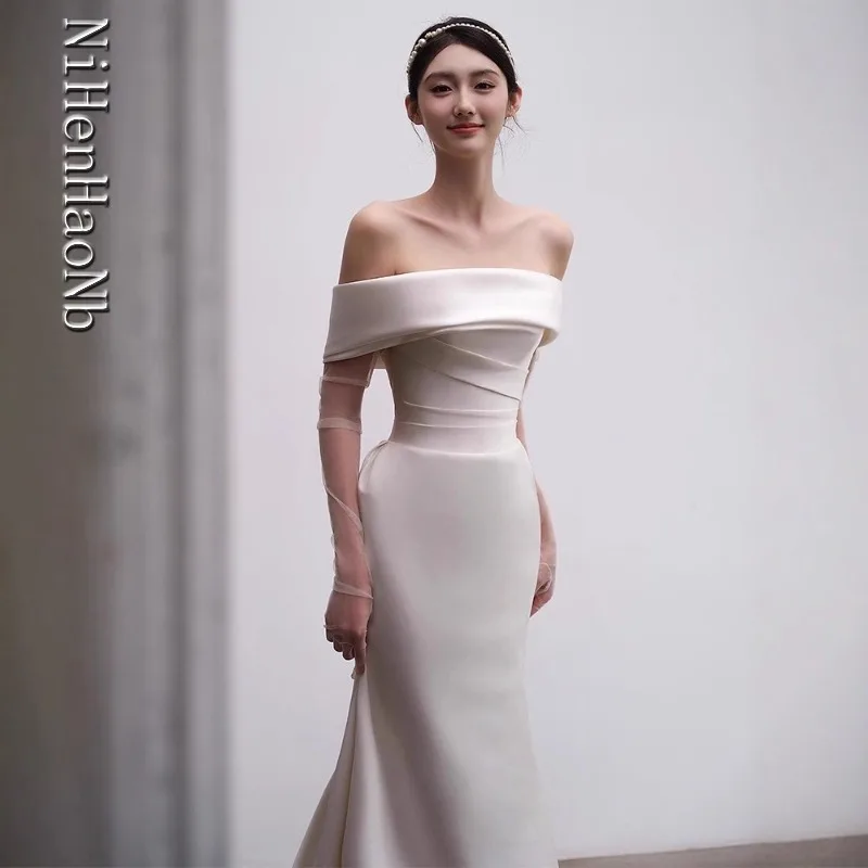 الفرنسية كلمة واحدة الكتف فستان الزفاف الخفيف العروس ذيل السمكة فستان فاخر الراقية مزاجه الساتان ترحيب