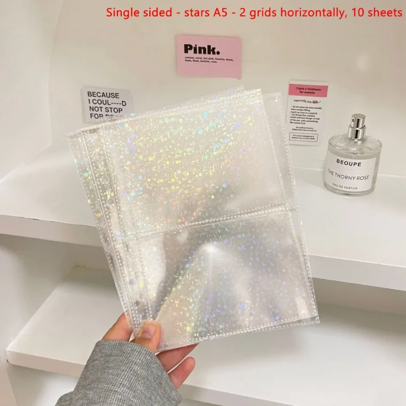 10PCS A5 Laser Rainbow Star Binder Sleeves 1/2/4Pockets Transparent Inside Page of Album 6 Ring Refill Inner Page Photocard Kpop