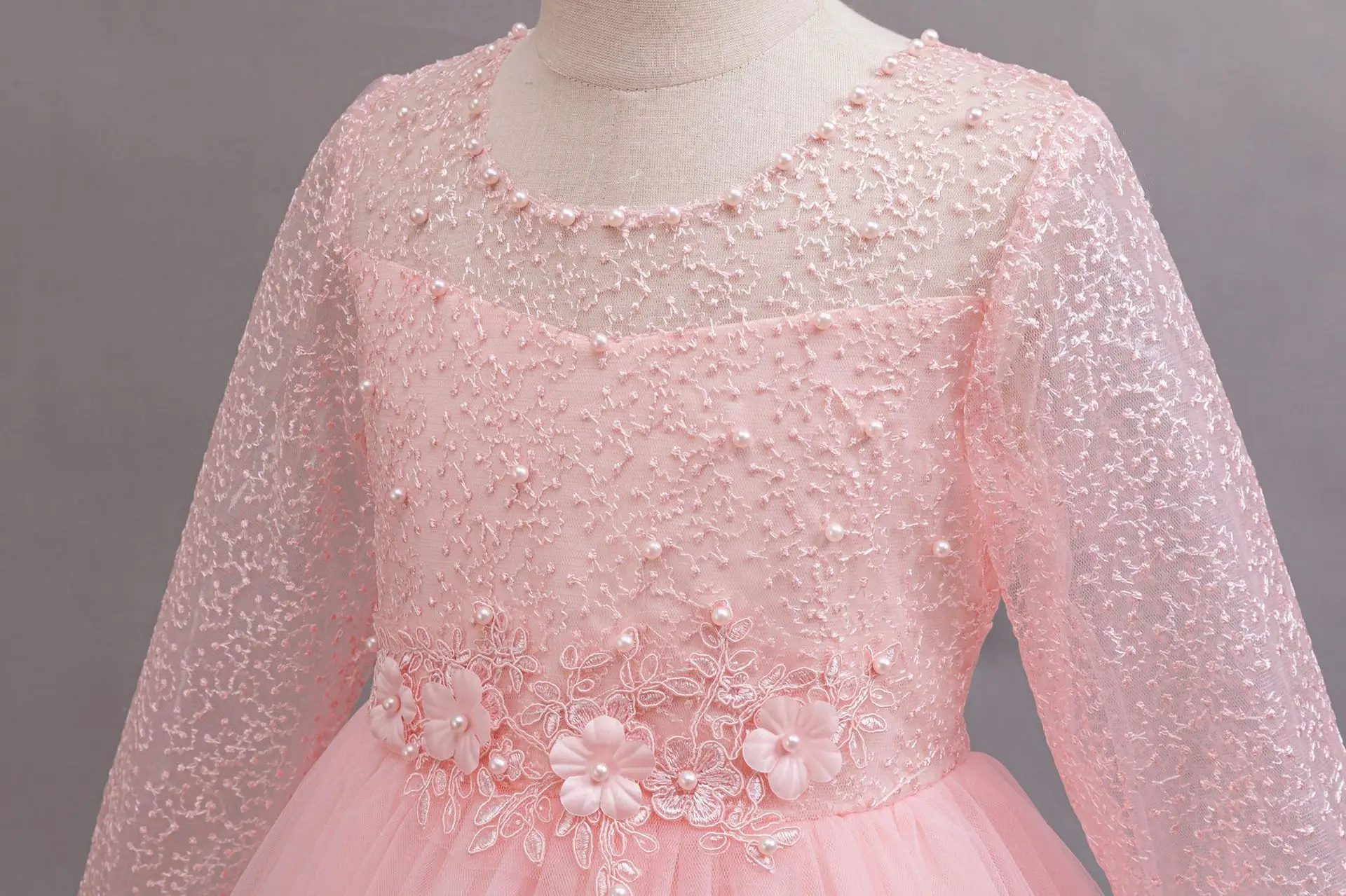 Zhongda Children\'s new wedding dress long-sleeved lace elegant girl clothing 4-12 years old beauty pageant long princess skirt