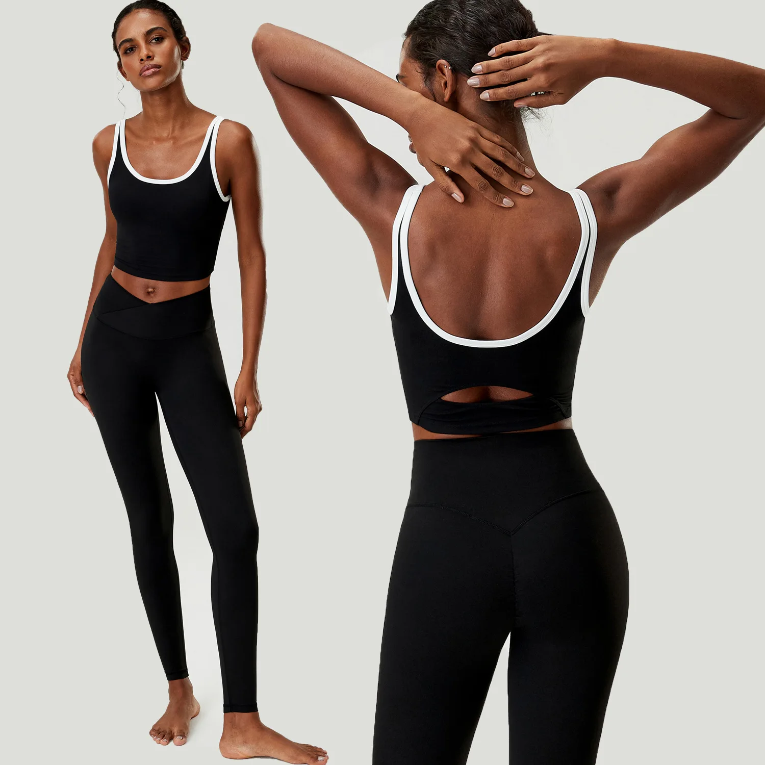 Women Yoga Set 2 Piece Color Block Trim U Back Hollow Sports Tank Top Crossover Waist Leggings Fitness Running Workout Gym Set