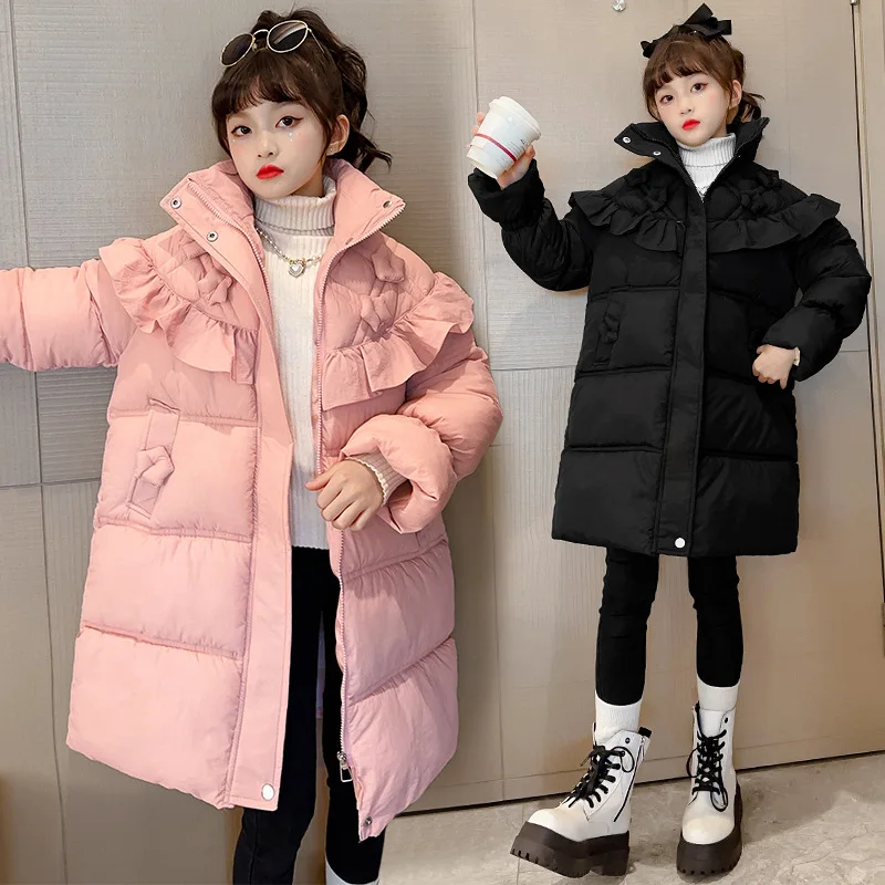 ZOETOP Winter Junior Girl Long Cotton Jacket Teenager Girl Lace High Collar Thicken Parka School Girl Winter Warm Outwears