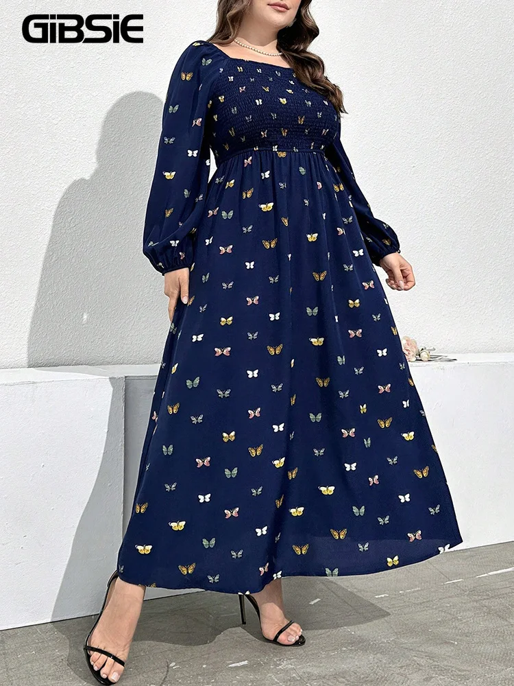 

Платье GIBSIE больших размеров с принтом бабочек, рукавами-фонариками, А-силуэт, женское, весна 2026, новое, винтажное, с завышенной талией, длинное макси-платье