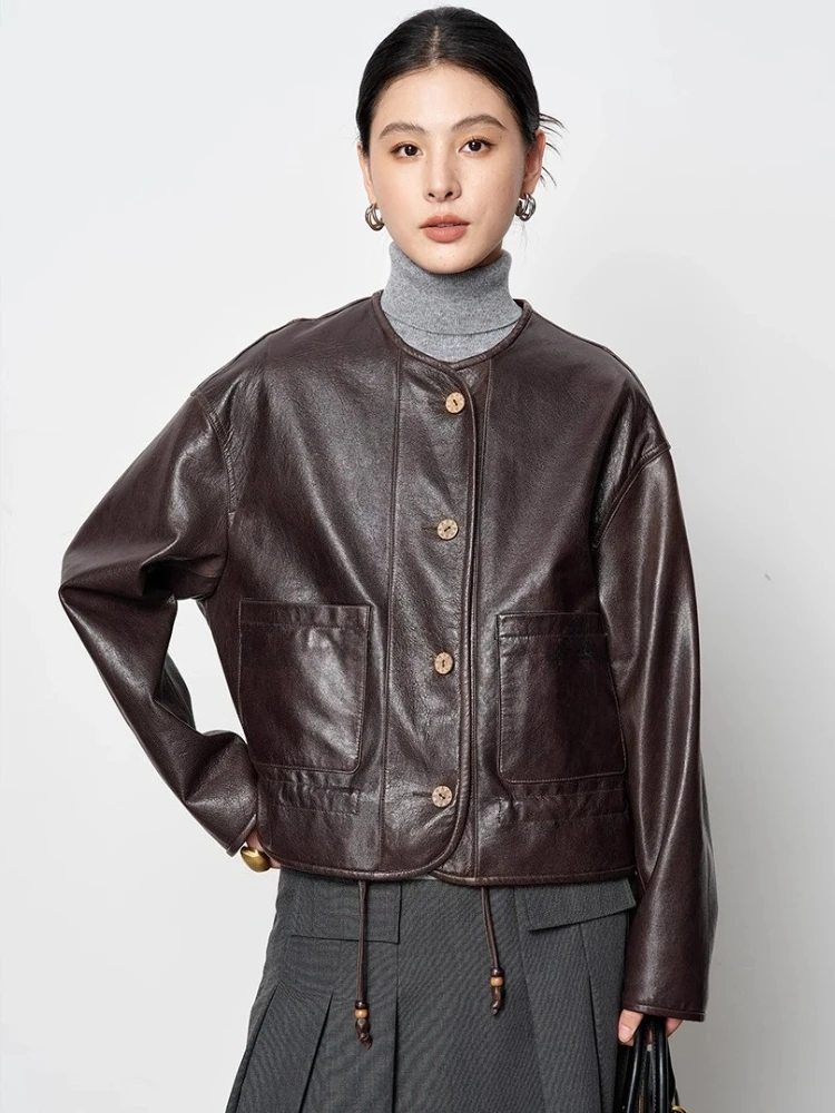 

Classic O-neck Genuine Leather Jackets for Women High-end Simple Double sided Wear Vintage Short Oil Wax Real Sheepskin Coat
