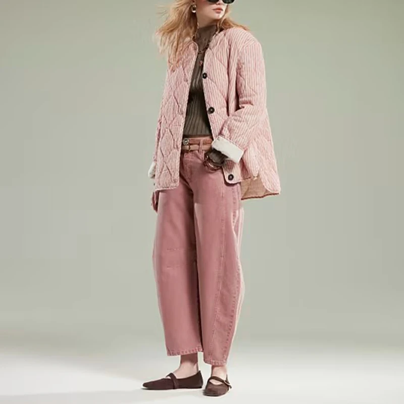 

Осенне-зимние женские стеганые куртки, новые полосатые однобортные куртки с круглым вырезом и длинными рукавами с карманами, корейские шикарные свободные пальто