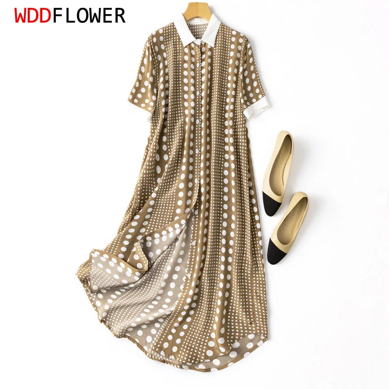 Women Silk Shirt Dress 100% Mulberry Silk Crepe Silk Loose Type Short Sleeve Camel Dots Printed Collared Neck Midi Dress MM385