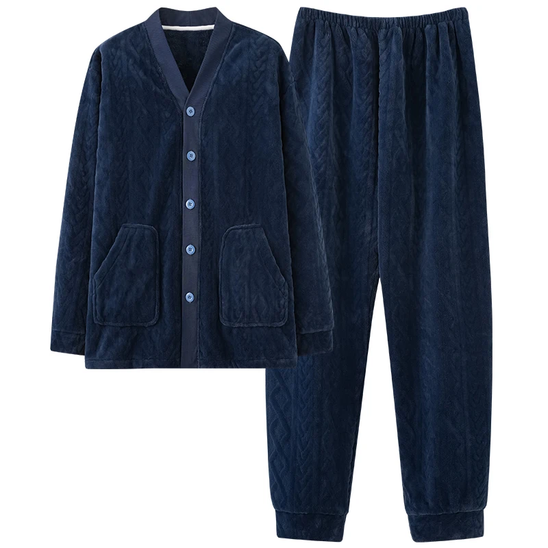 

Coral Fleece V-Neck Kimono Pajamas Winter Men Pyjamas Set Thick Warm Flannel Male Sleepwear Home Clothing Cardigan Pajamas Suit