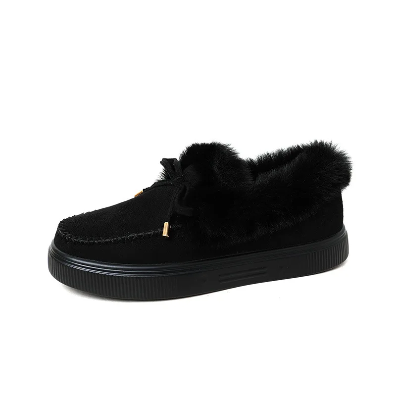 Damen Warme Slipper mit Plüschbesatz, Kunstwildleder-Schleifendekoration, Dicke Gummisohle, Rutschfest, Winterliche Freizeitschuhe für den Alltag, Flache Damenschuhe – Detail 4