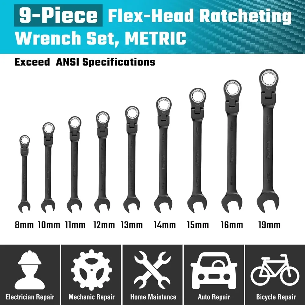 Flex-Head Ratcheting Wrench Set, revestimento eletroforético preto, CR-V aço com bolsa de rolamento, 9 pcs, 72 dente