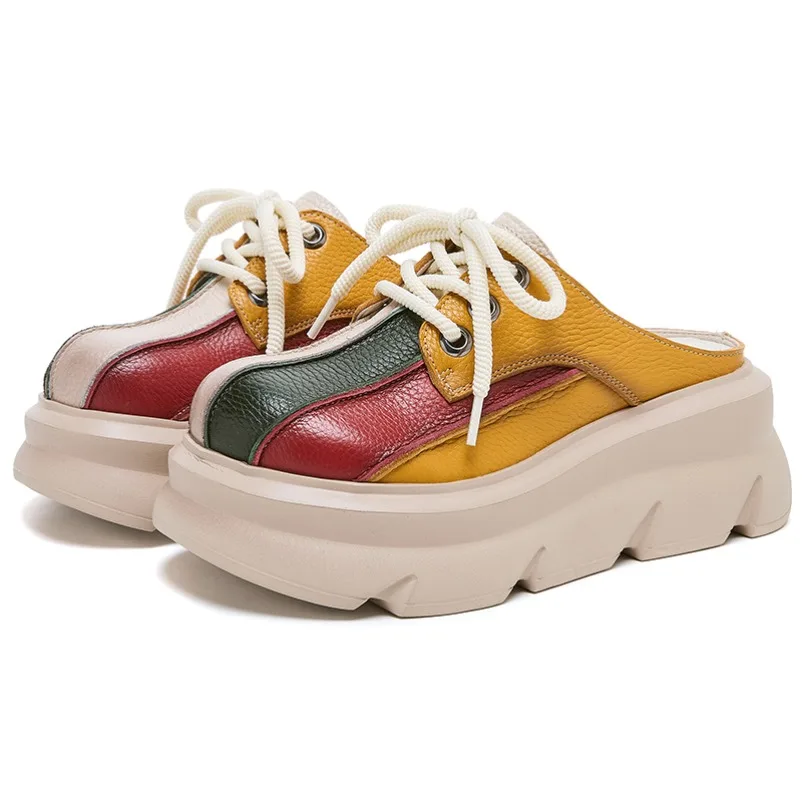 

Fujin 7cm Mixed Color Platform Wedge Flats Slippers Women Ladies 2025 Ethnic Cow Genuine Leather Mary Jane Shoes Summer