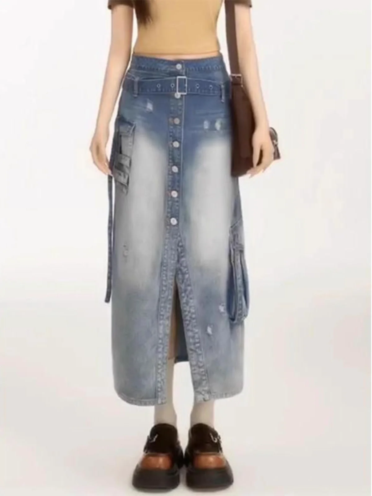 Cintura alta americana retro divisão workwear saia jeans comprimento médio f saia efeito de emagrecimento perfeito para outono inverno estações