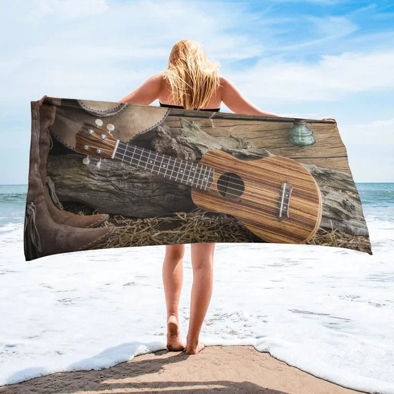 Cool Western Cowboy Guitar Music Beach Towel Outdoor Sport Swimming Bath Towel Quick-Drying Microfiber Beach Towel Printed Towel