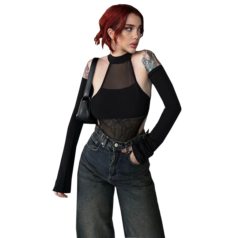 MORODER Jesień-Zima Nowości Zmysłowa Bluzka Damska z Rozcięciem, Długim Rękawem, Bezszwowa, z Siateczki Koronkowej, Ażurowa, Wysoce Elastyczna, Jednoczęściowa