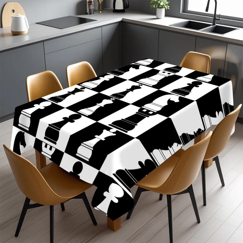 Monochrome Black White Chessman Checkerboard Tablecloth Waterproof Table Cover for Chess Game Night Party Picnic Home Decor Gift