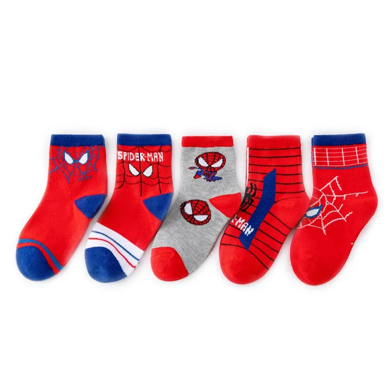 5Pair/bag New Children Cute Red Hero Spider Print Kids Crew Socks Soft Cotton Mid‑calf Socks Boys Daily Casual Sports Socks
