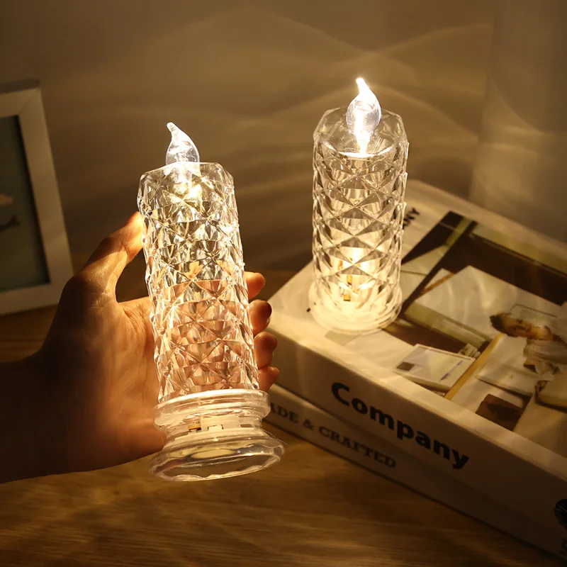Rose Effect LED Candle Light Transparent Crystal Electronic Candle Atmosphere Night Light Christmas New Year Wedding Party Decor