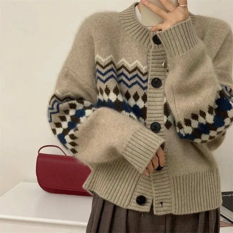 Pull chaud à simple boutonnage pour femme, cardigan rose au crochet jacquard décontracté, mode automne, Y-Y2k