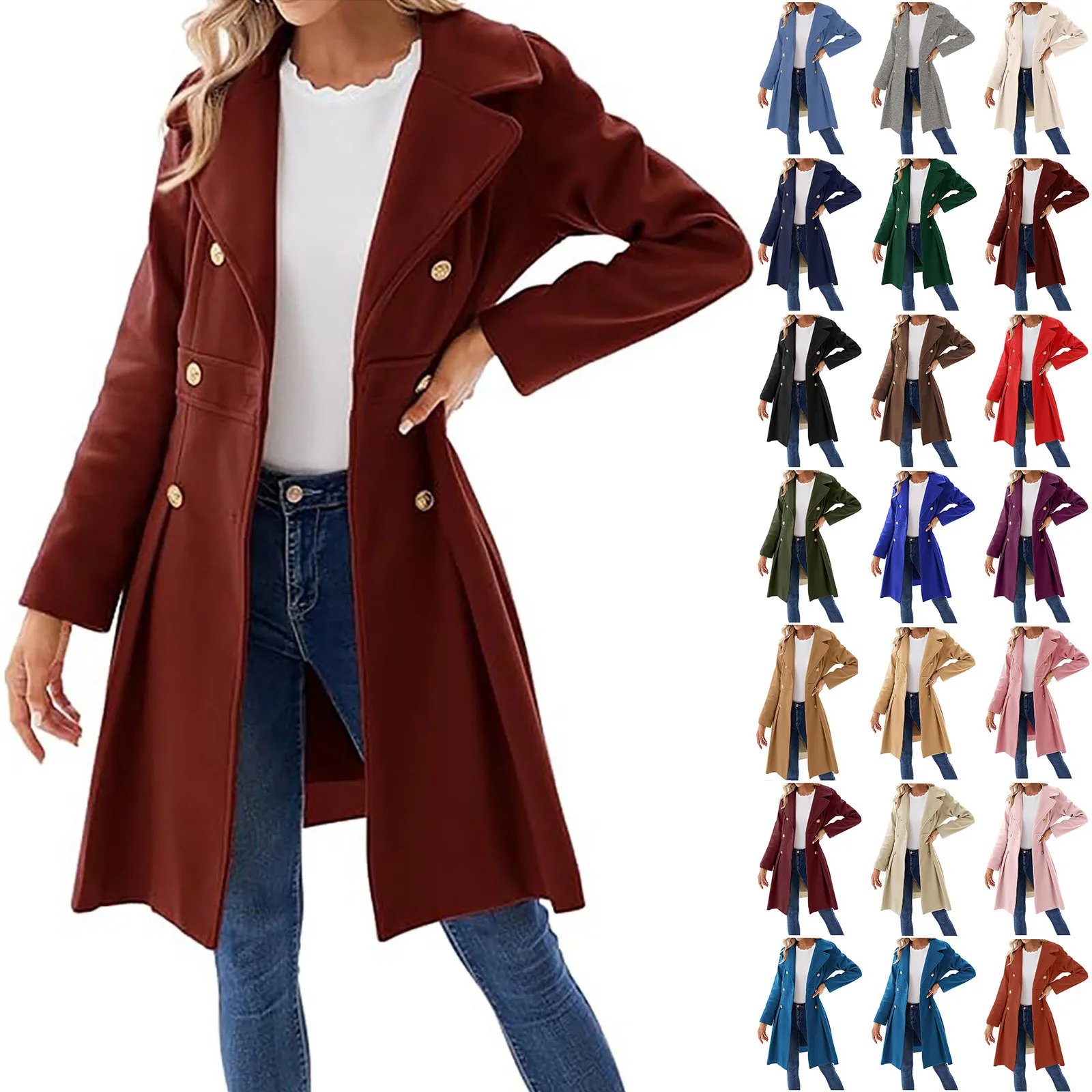 Double-breasted Women Woolen Coat Lapel Collar Mid-length Wool Trench Coat Thick Fashion Keep Warm Winter Outwear Overcoat