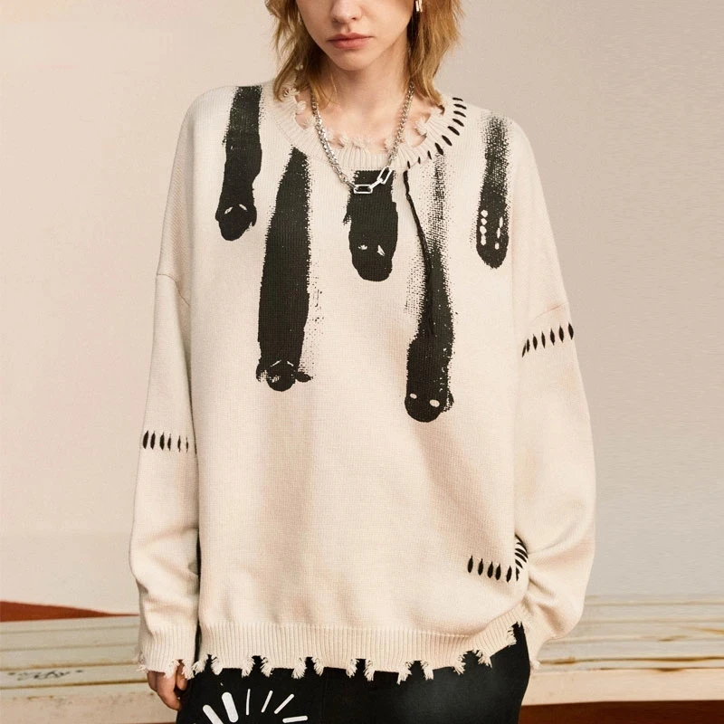 Streetwear Knitted Sweaters Men Hip Hop Y2K Grunge Ripped Ghost Print Gothic Jumpers Autumn Oversize Pullover Harajuku Sweater