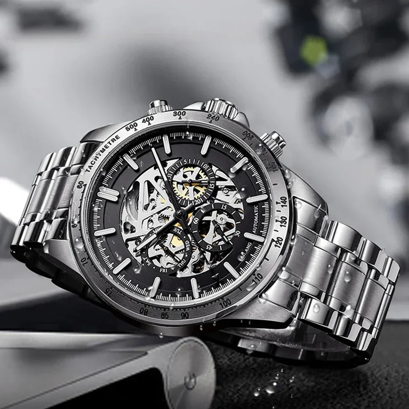 

Dropshipping New Personality Men's Hollow Automatic Mechanical Watch Stainless Steel Luminous Skeleton Watches For Men clock