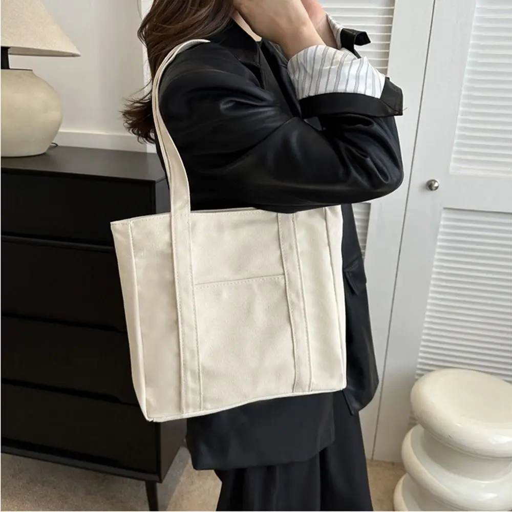 

Solid Color Large-capacity Canvas Bag Comfortable Handle Portable Single-shoulder Bag Zipper Closure Blank Canvas