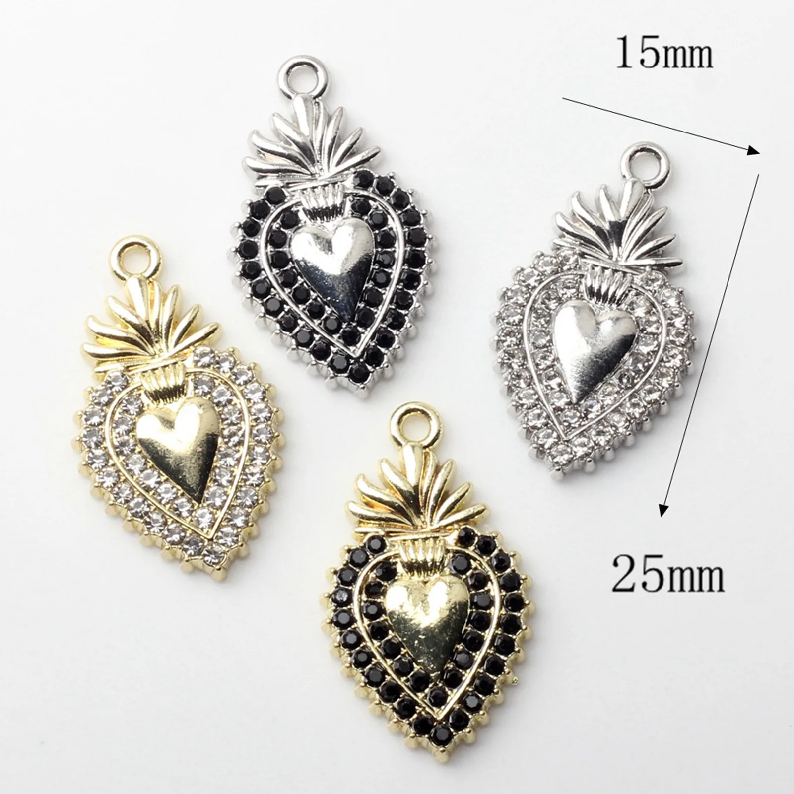5PCs Zinc Based Alloy Religious Charms For Jewelry Making Multicolor Ex Voto Heart Micro Pave Multicolor Rhinestone 25mm x 15mm