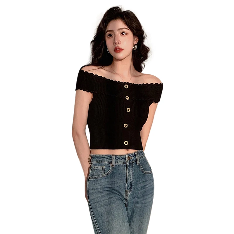 Women\'s  T shirt Off Shoulder Slim Sexy Knitted French Lace Fit Crop Top