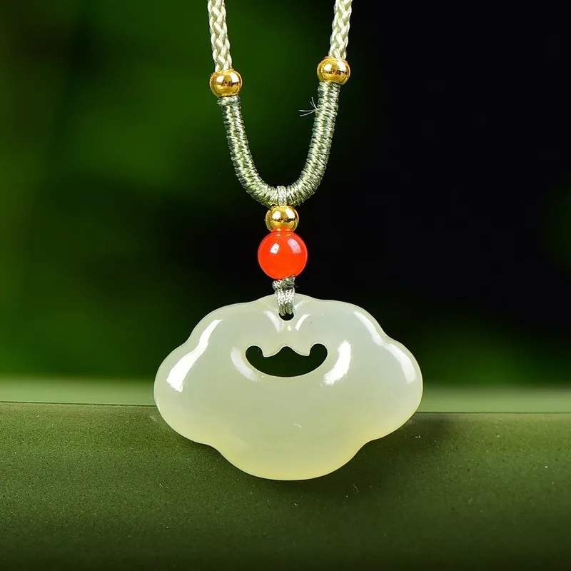 Hetian Pendant With Auspicious Clouds, Peace Good Fortune Lock, Jade Necklace Women, Green And White Ja