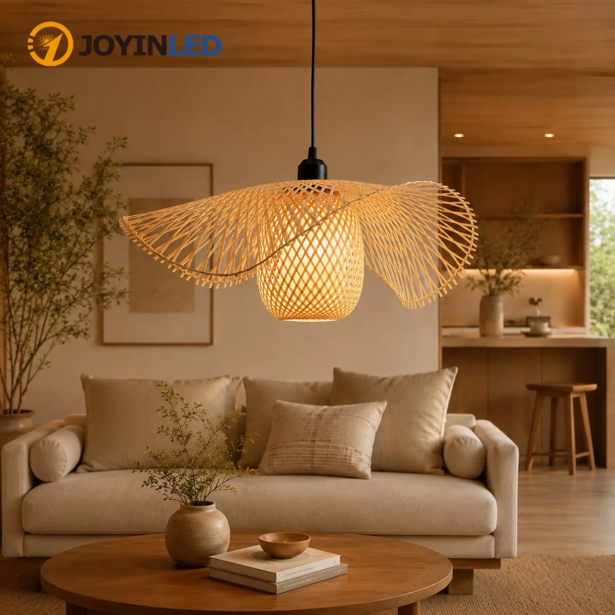 JOYINLED 45CM Bamboo Pendant Light Handwoven Rattan Wicker Lampshade, Natural Hanging Ceiling Fixture for Dining Room Home Decor