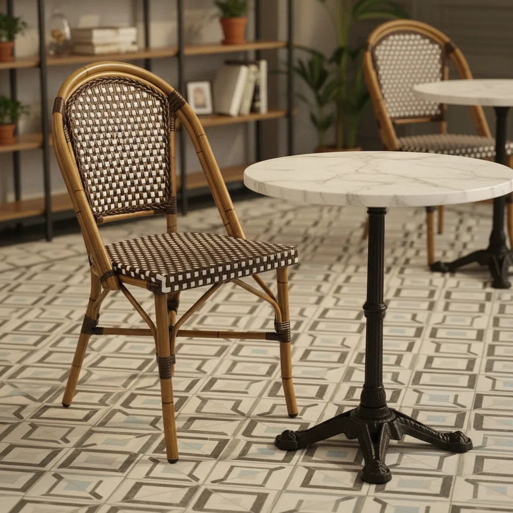 Wholesale Outdoor Patio Garden Aluminum Bamboo Frame PE Rattan Table and Chairs French Cafe Bistro Restaurant Furniture
