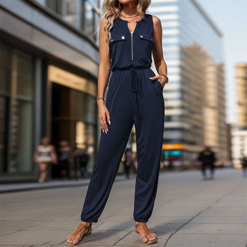 Sommer Mode frauen Overall Elegante Einfarbig V-ausschnitt Ärmellose Patchwork Zipper Lace-up Hohe Taille Kleine Fuß Overalls