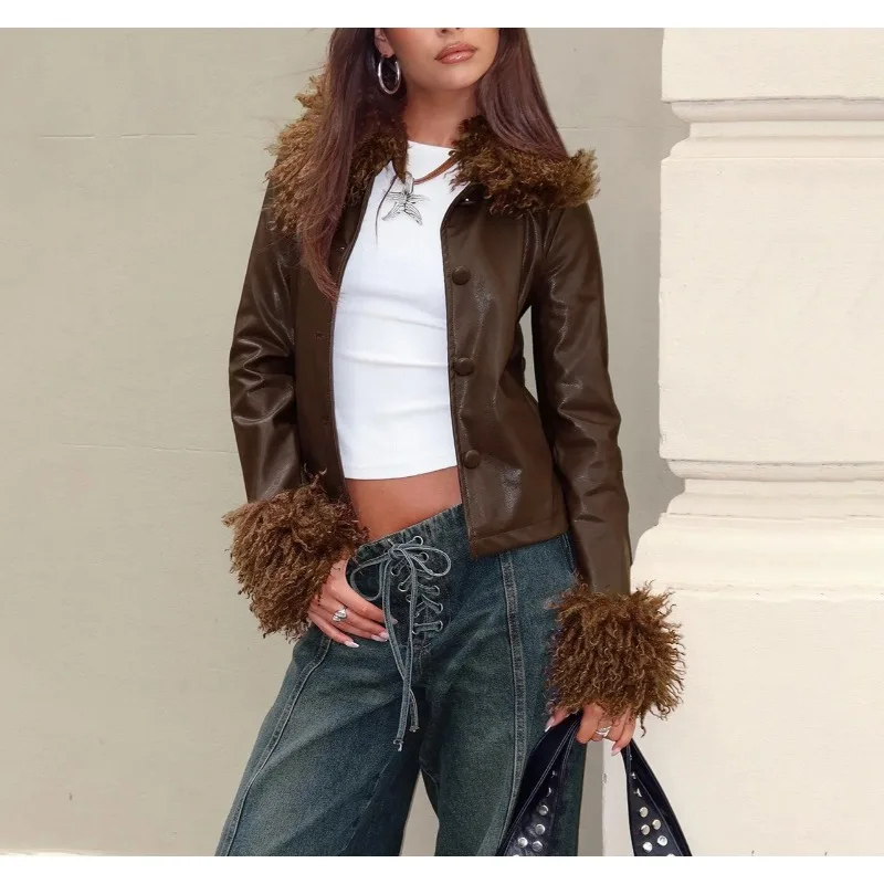 

2025 Retro Fur Collar Stitched Leather Jacket Women's Autumn Solid Color Slim Jacket
