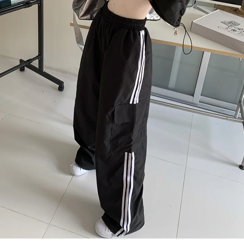 

Autumn Black Casual Sweatpants Fashion Stripe Drawstring Bind Feet Straight Pants Street High Waist Baggy Mopping Trouser Ladies