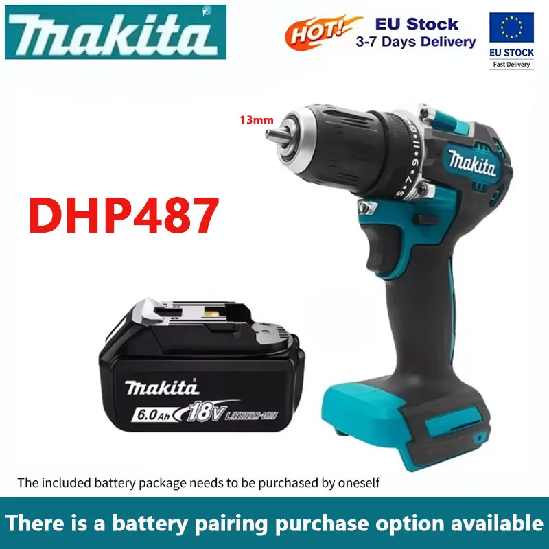 Trapano avvitatore a batteria Makita 18V DHP487, modello senza spazzole, con elevata coppia, set completo + batteria al litio BL1860B BL1840 da 6,0 Ah, kit di utensili elettrici, disponibile in