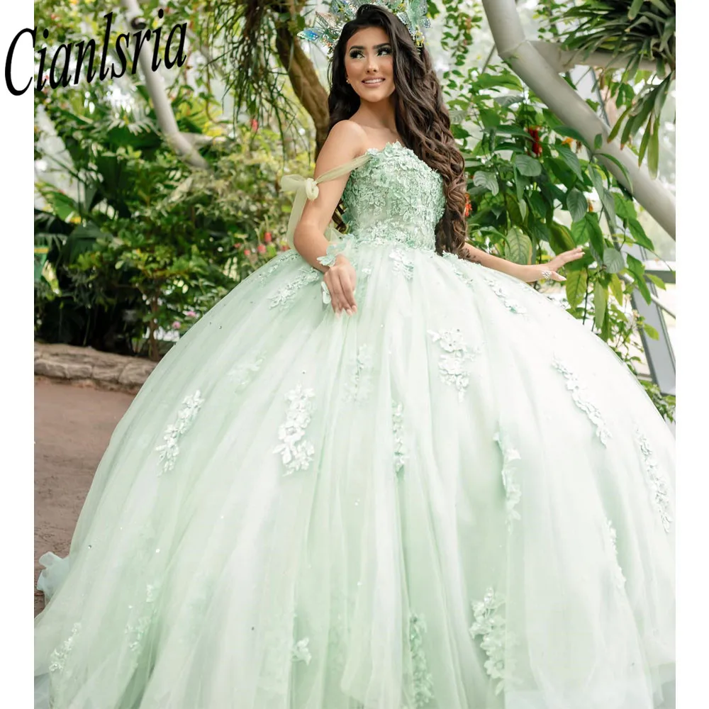 

Mint Green Quinceanera Dresses Sweet 16 Prom Evening Gowns Off Shoulder Appliqué Lace Tull Vestidos De 15 Anos Ball Gown