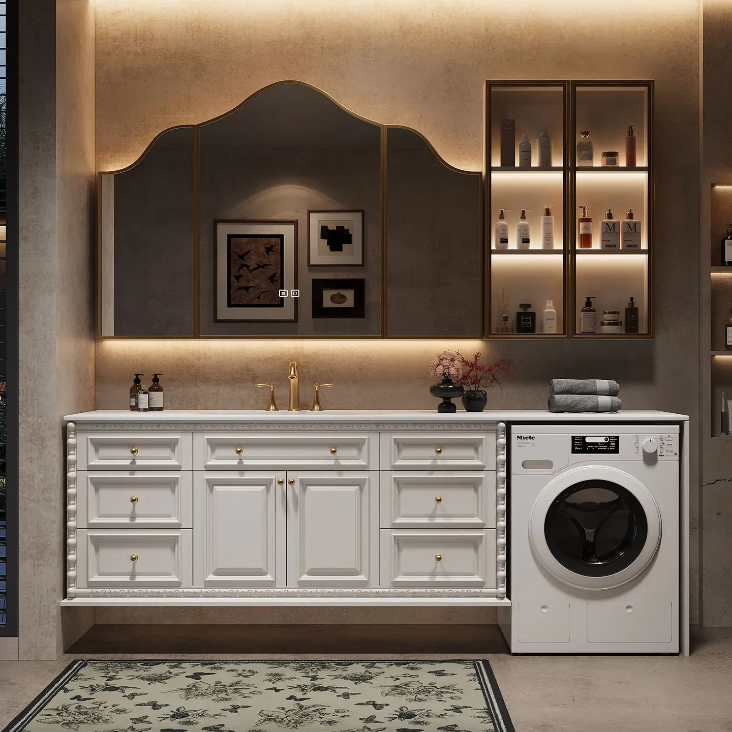 Factory Direct 2026 Oak washing machine integrated cabinet combination French retro toilet bathroom cabinet rock slab seamless w