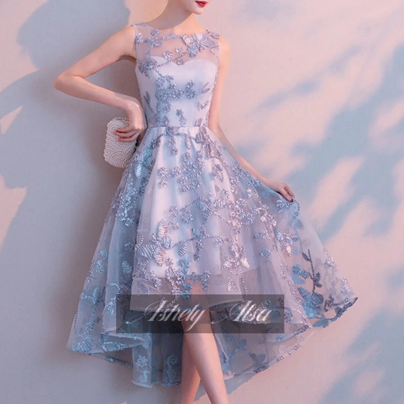 Customized Sexy Party Cocktail Dress Sheer Neck Lace A Line Short Front Long Back Prom Homecoming Dresses Evening Gown NN101