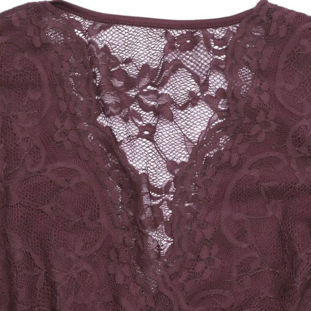 For For YYFS Sexy Lace Bodysuit Women Sheer Slim Fit Romper Long Flare Sleeve High Waist Burgundy Autumn Elegant Clubwear