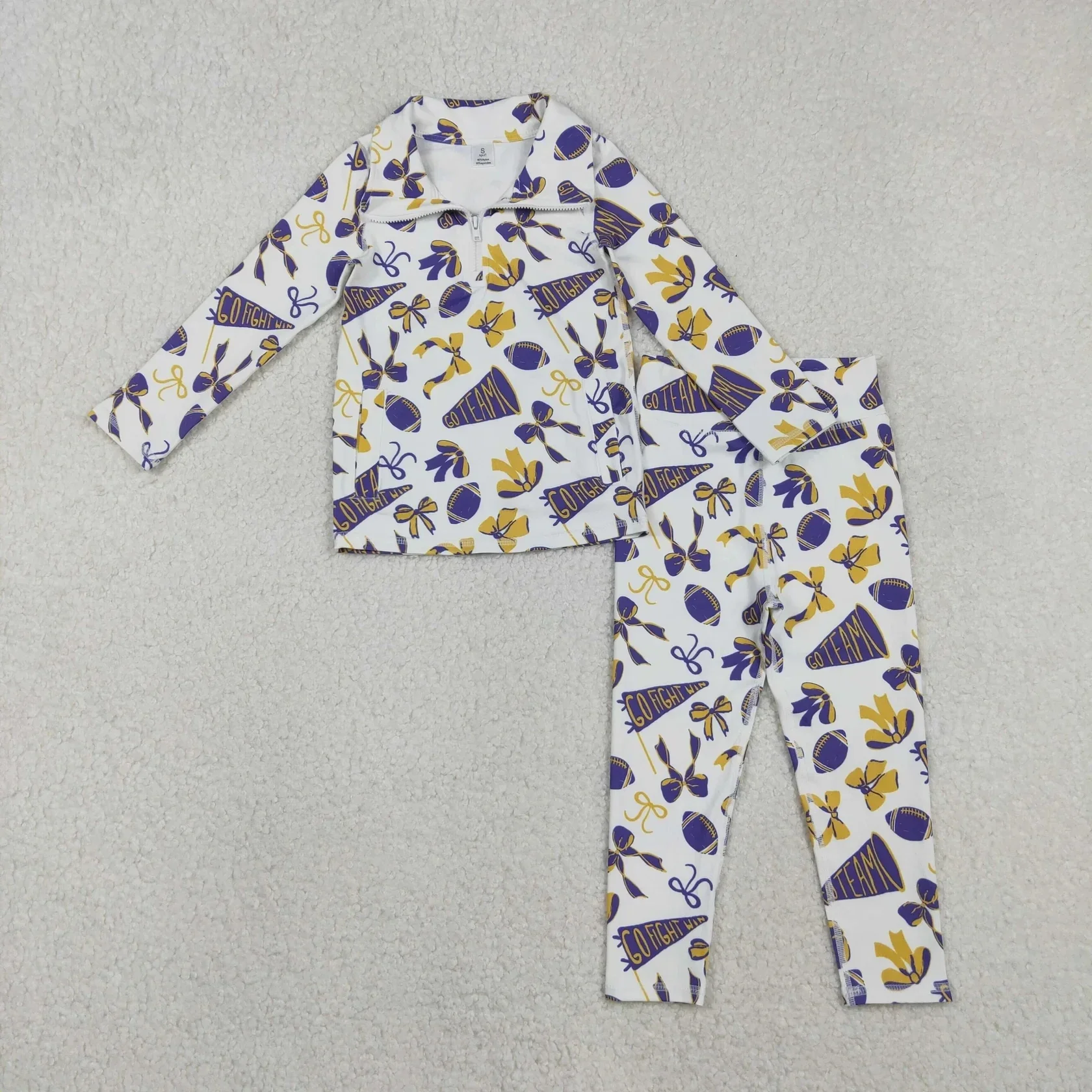 Wholesale Toddler Children Zipper Sportswear Bows Set Active Yoga Purple Outfit Baby Girl Pullover Kids Long Sleeves Shirt Pants