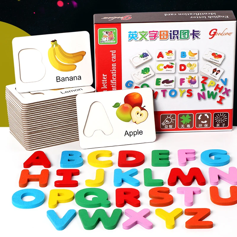 어린이 나무 영어 알파벳 인식 카드, 아기 계몽 편지, 과일 및 야채 조기 교육, 나무 장난감